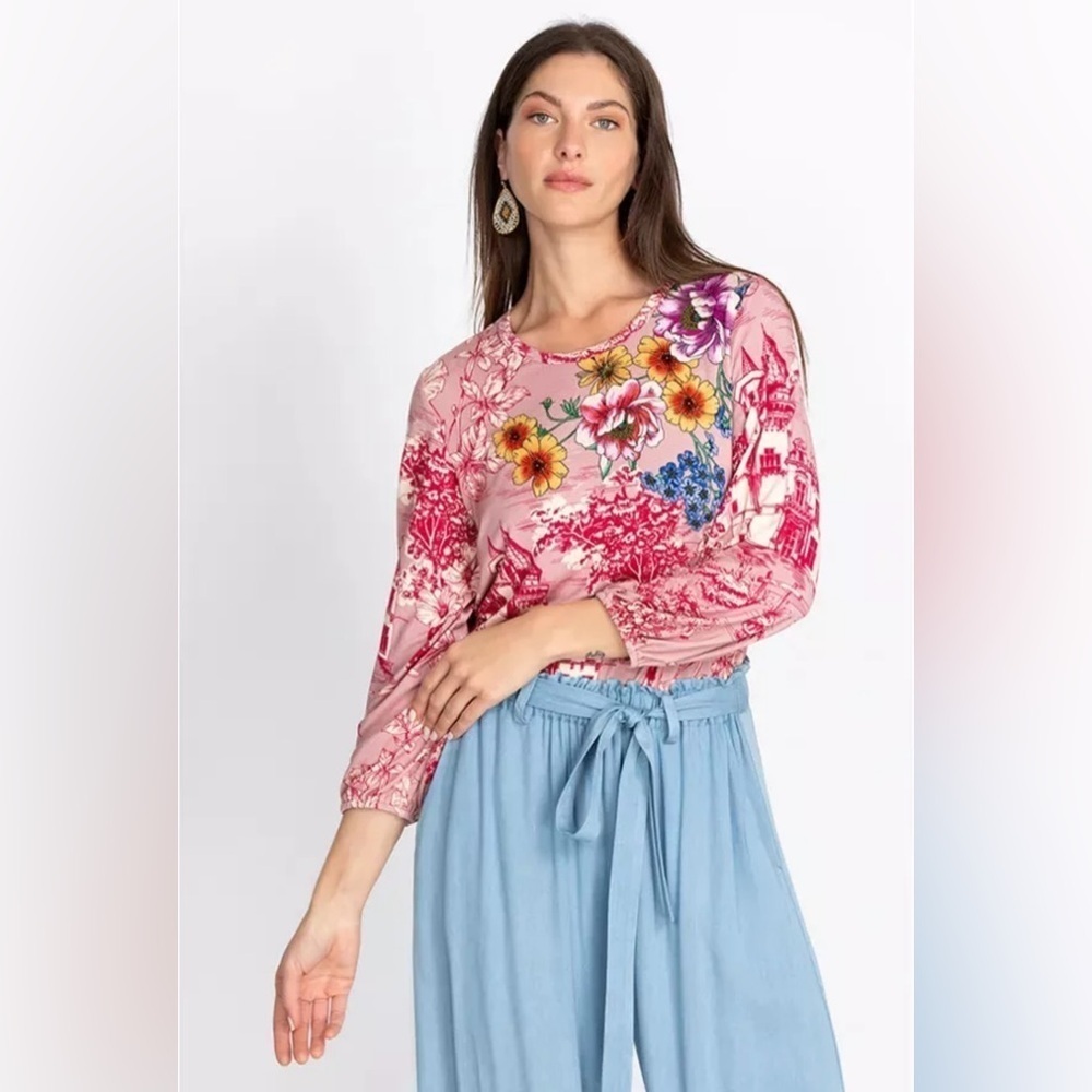 Johnny Was House on the Hill Puff Long Sleeve Top - Pink Floral - Size Large - Picture 2 of 12